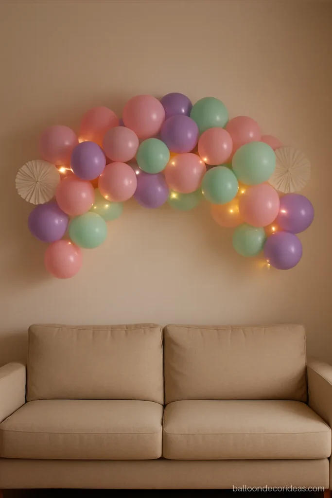 Birthday balloon decoration on a living room wall with a pastel cloud garland above the sofa