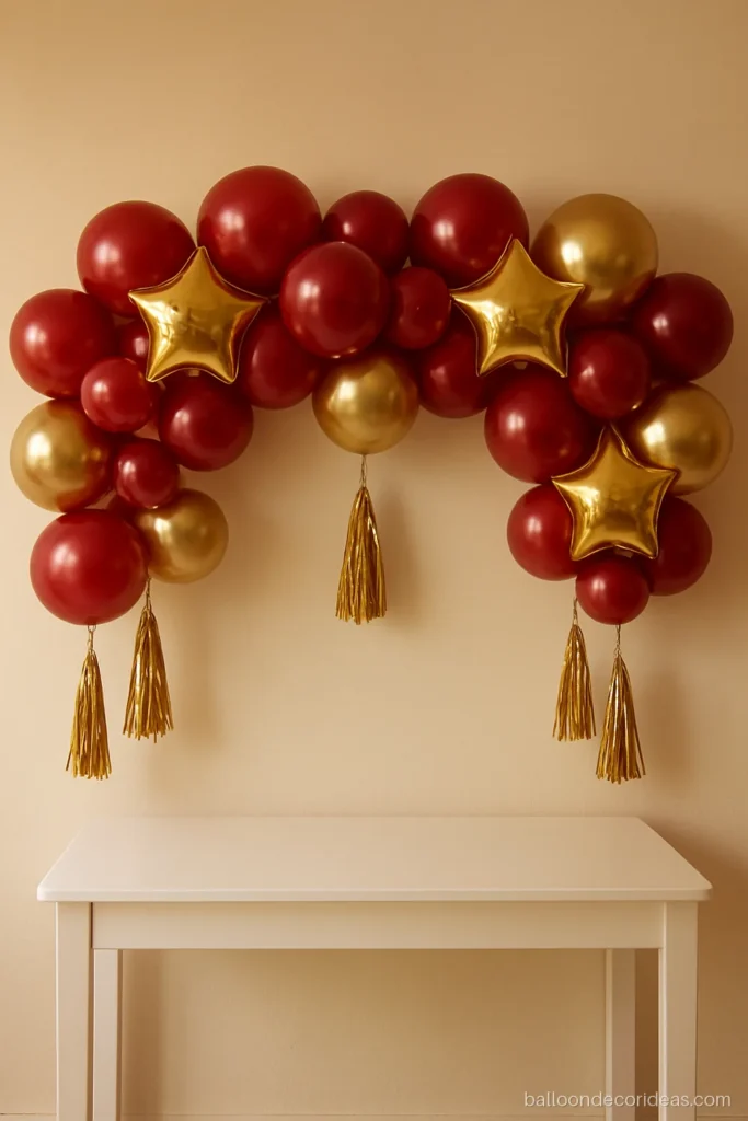 Happy birthday balloon decoration wall in red and gold with plain foil stars