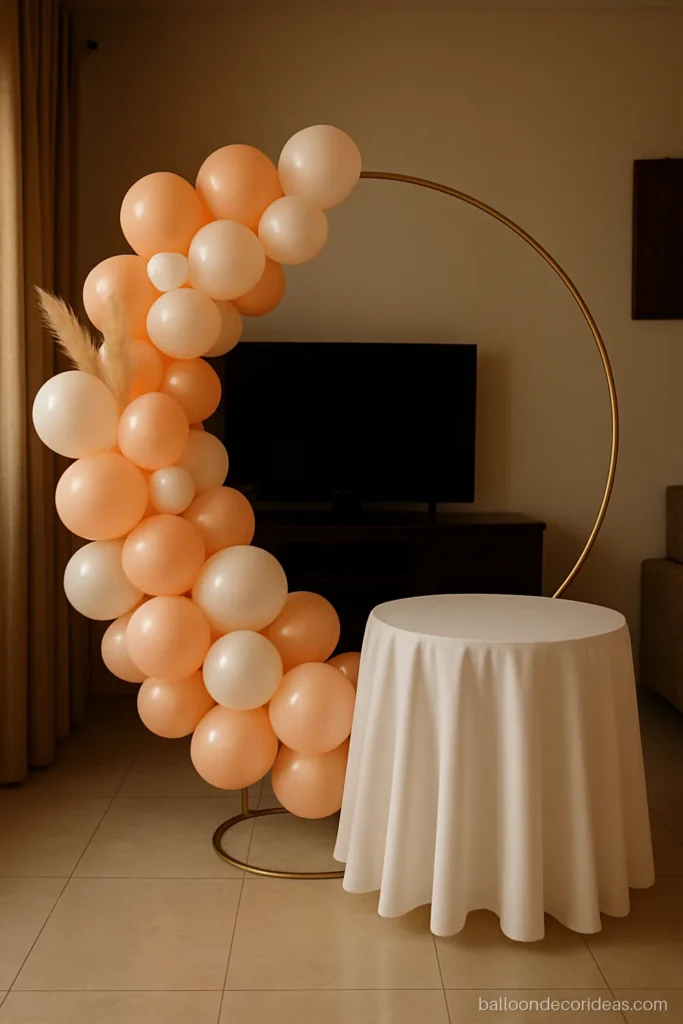 Birthday round ring balloon decoration in peach and white around a metal ring stand