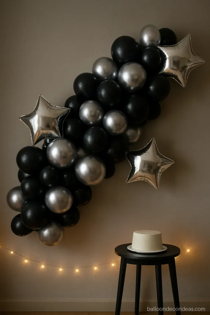 Black and silver balloon decoration wall cluster with plain silver foil stars