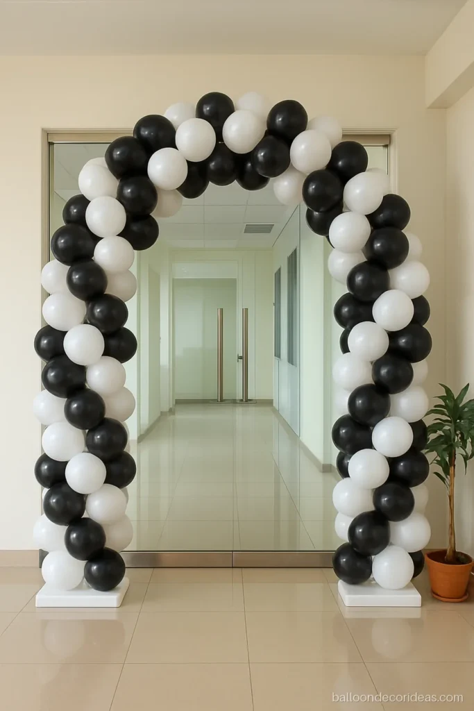 Black and white balloon decoration arch at an office cabin entrance