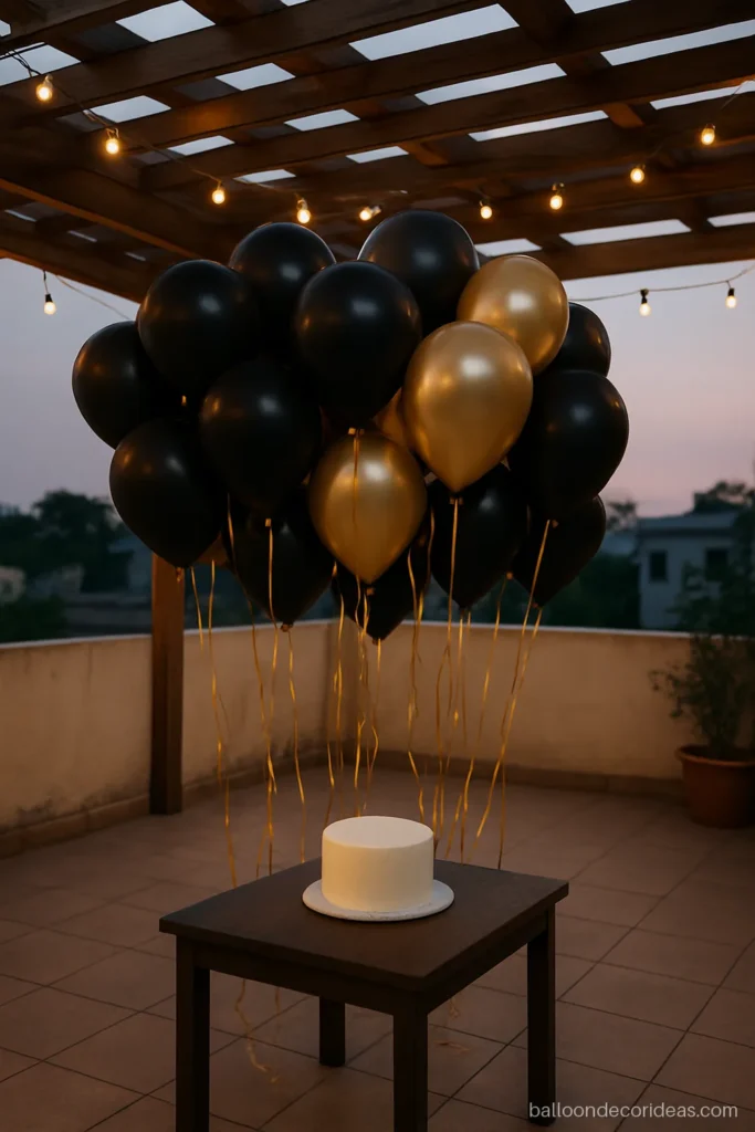 Golden and black balloon decoration with helium balloons and gold ribbons at a terrace party