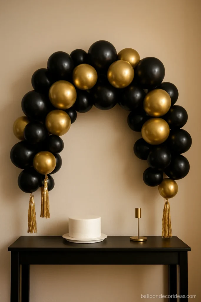 Black and golden balloon decoration garland on a cream wall with matte black and chrome gold
