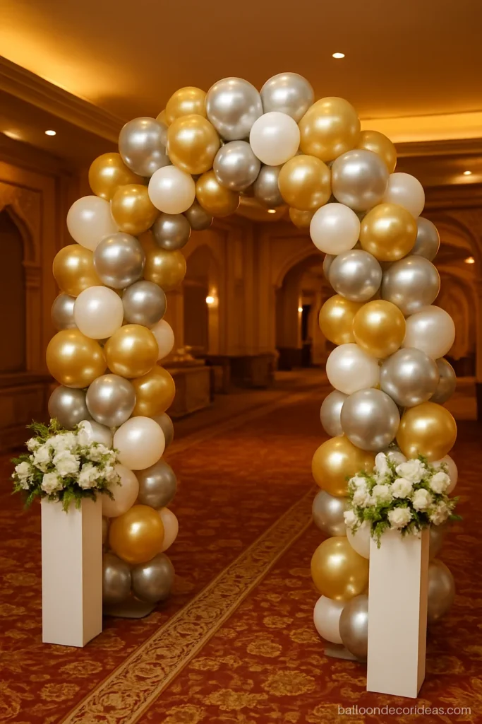 Golden silver balloon decoration arch with mixed chrome gold and chrome silver balloons