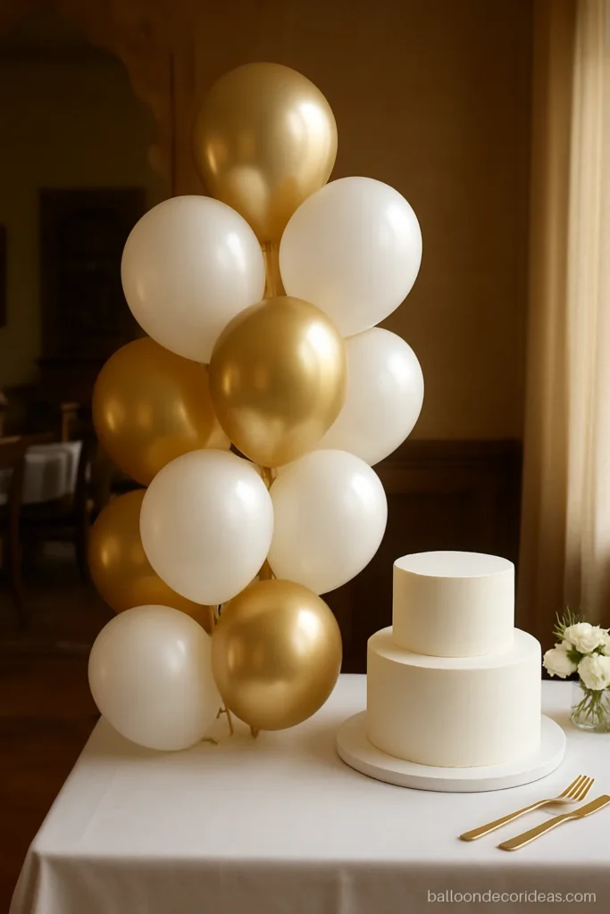 Golden balloon decoration cluster with white balloons around a cake table close-up
