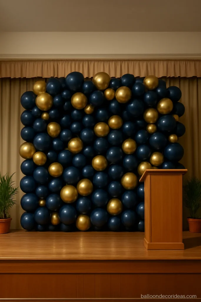 Blue and golden balloon decoration backdrop with navy and chrome gold on a small stage