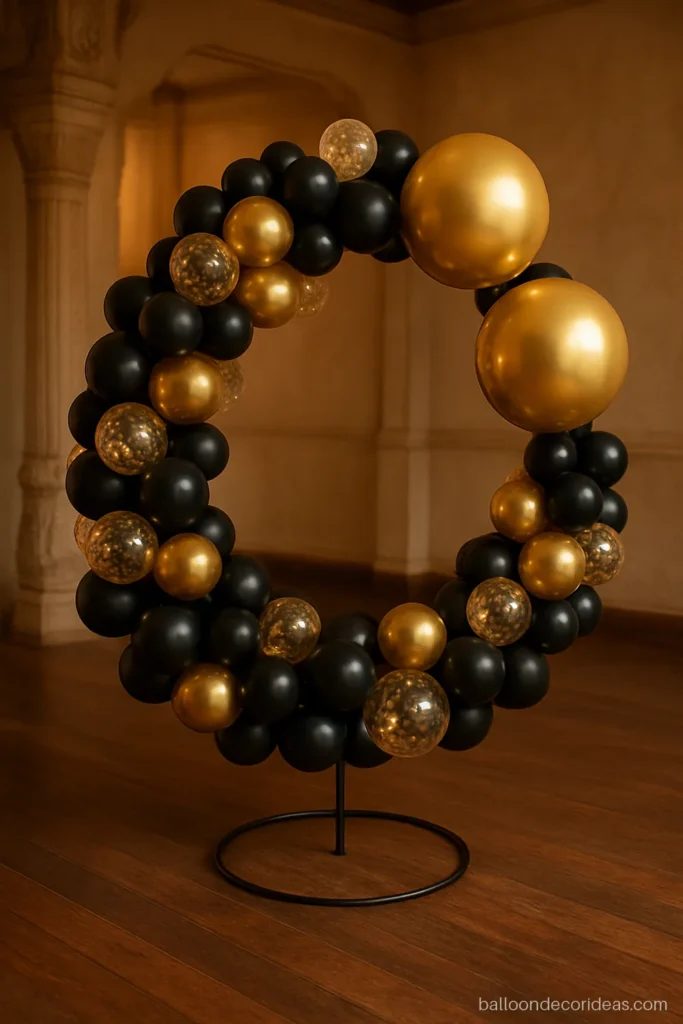 Golden black balloon decoration on a ring stand with gold confetti and plain foil balloons