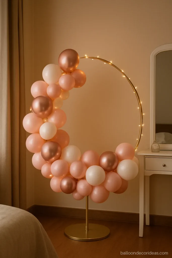Rose gold and blush balloon ring decoration in a bedroom for a girl's birthday