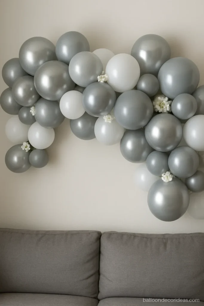 Close-up of a silver balloon decoration garland with grey and white balloons over a sofa