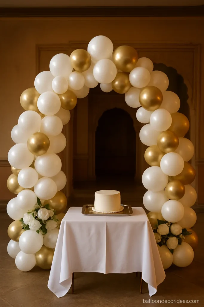 White and gold balloon decoration arch behind an engagement ring table