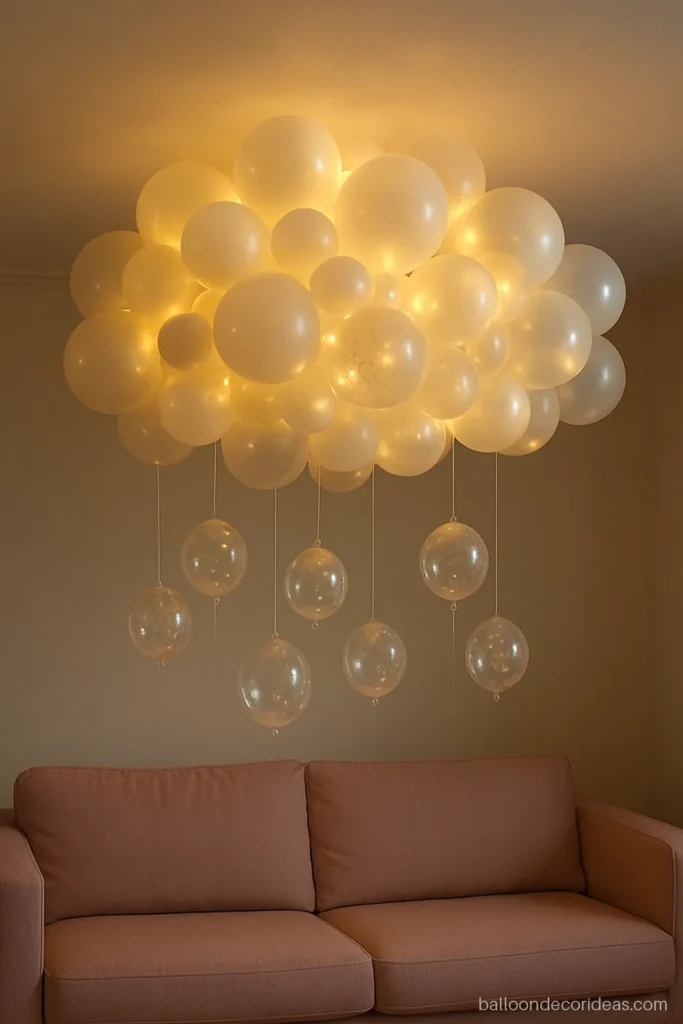 Ceiling hanging balloon decoration with white and clear balloons in a soft cloud shape