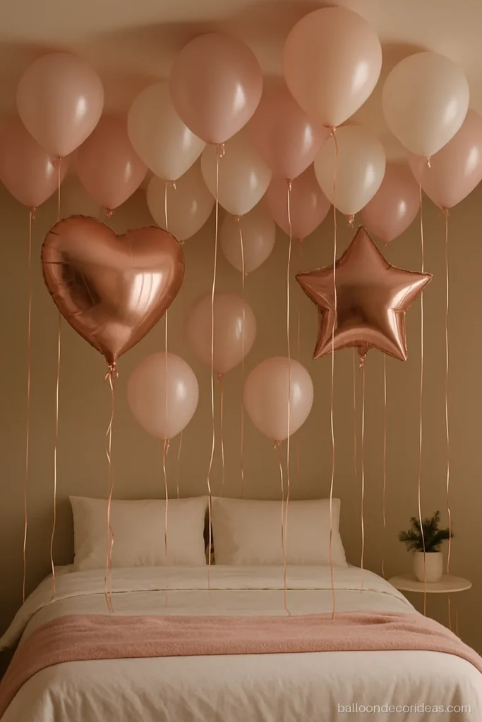 Foil balloon decoration with plain rose gold foil shapes and helium latex on a ceiling