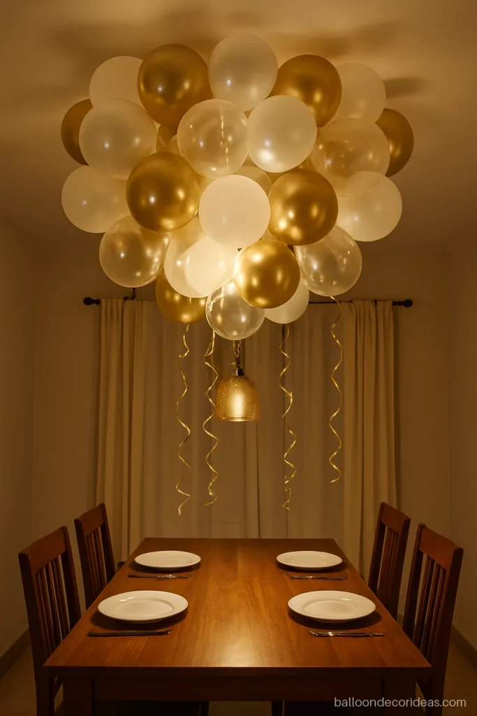 Chrome balloon decoration with a gold and white cluster on the ceiling above a dining table