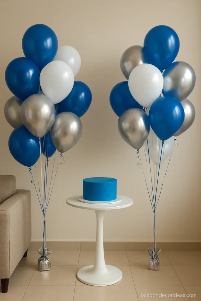 Helium balloon bunch decoration tied to weights next to a birthday cake table