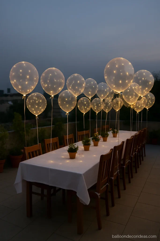 LED balloon decoration with clear light up balloons floating over a terrace party