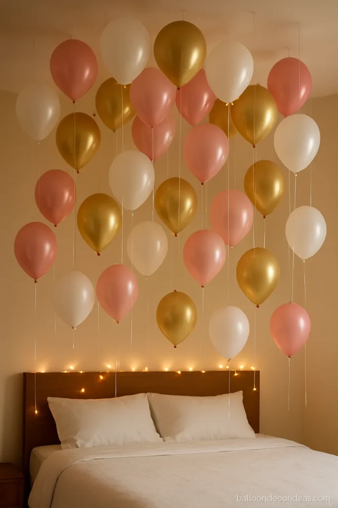 Hanging balloon decoration without helium using air balloons tied to strings from the ceiling