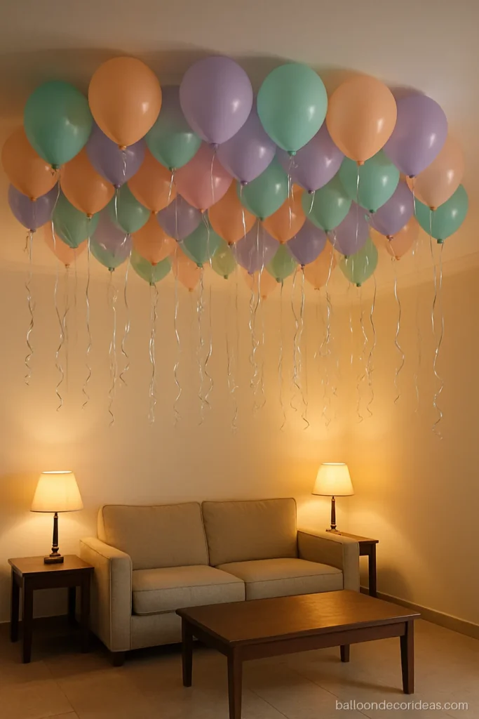 Ceiling balloon decoration with pastel helium balloons and long curling ribbons in a living room