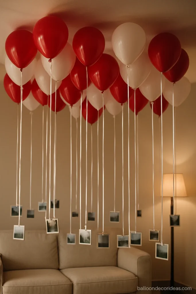Balloon decoration with photos hanging from ribbons below red and white ceiling balloons