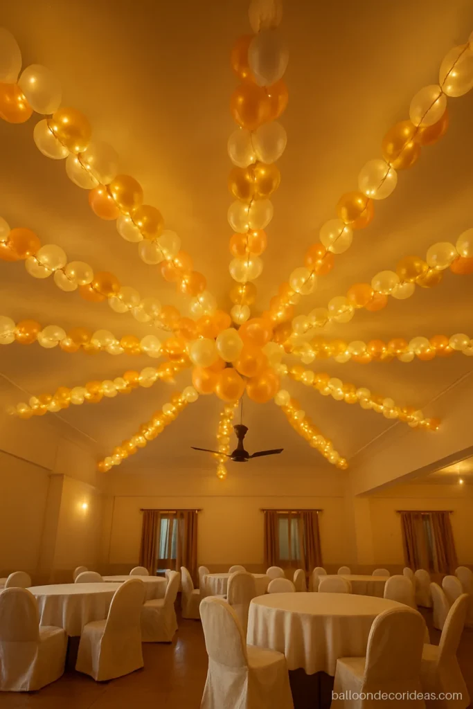 Radial balloon decoration with garlands spreading out from a ceiling fan in a sunburst