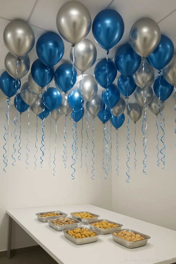 Metallic balloon decoration with silver and blue helium balloons and shiny ribbons on a ceiling