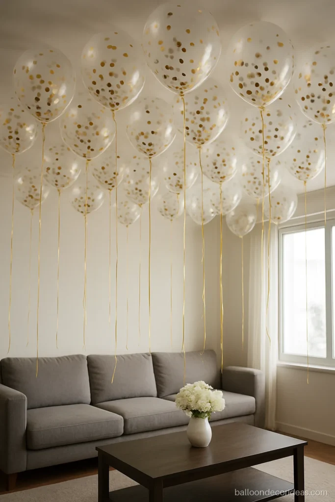 Transparent balloon decoration with gold confetti balloons floating on a ceiling