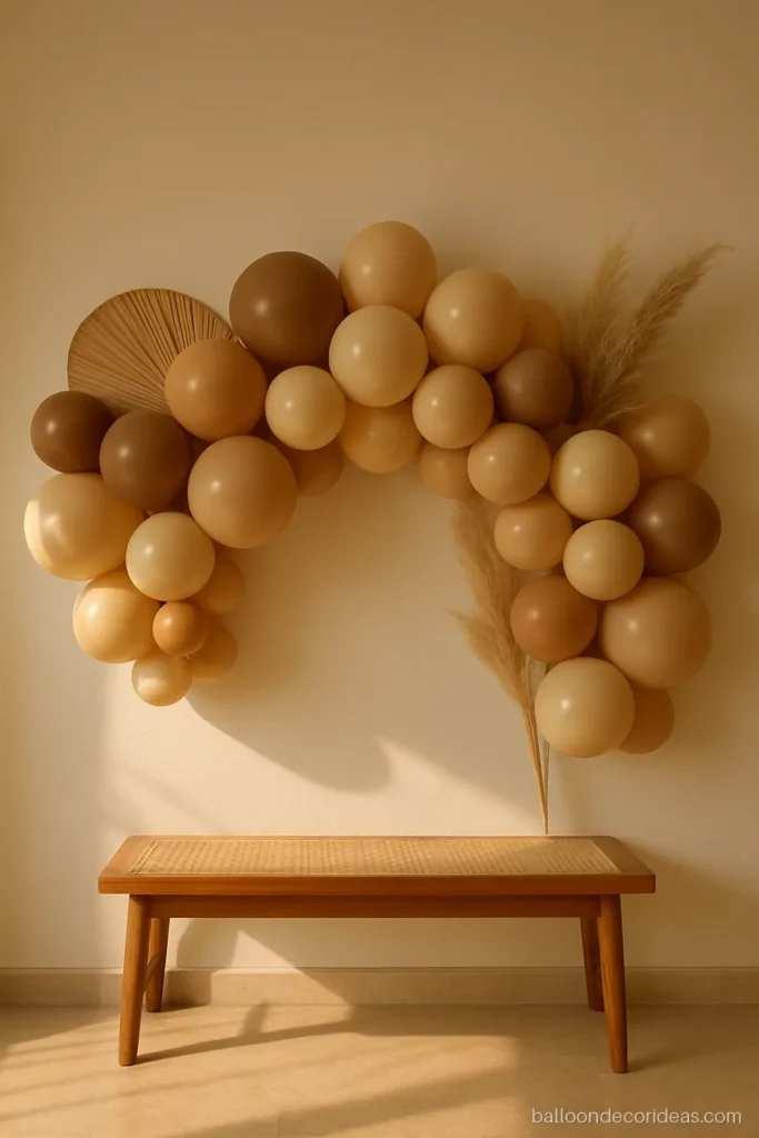 Brown balloon decoration in a boho mix of coffee, beige and cream with pampas
