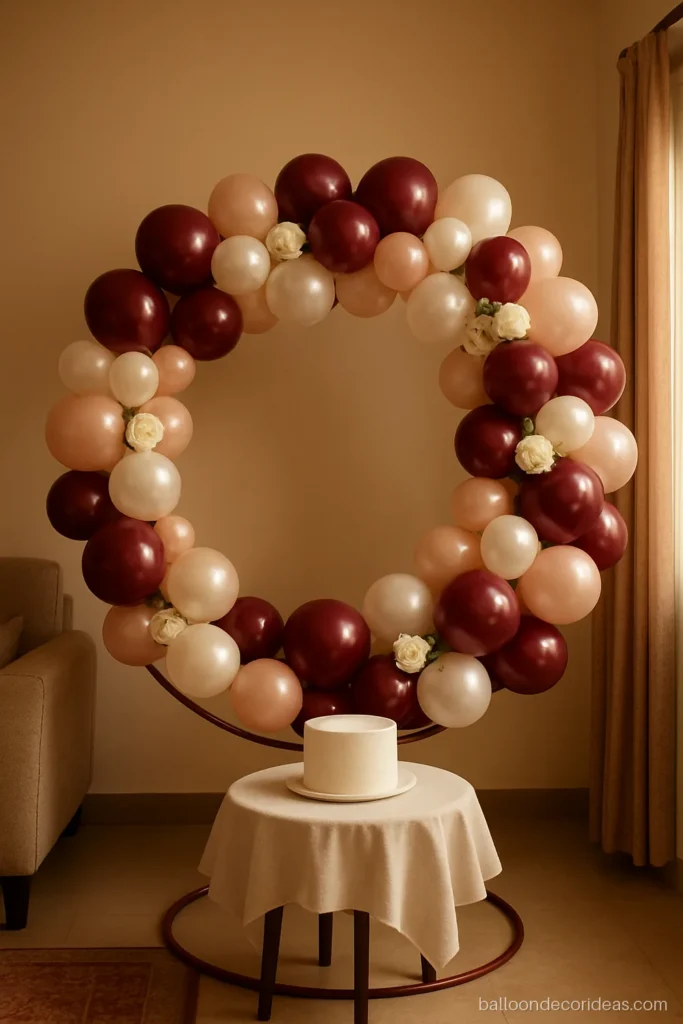 Red and white balloon decoration on a ring using maroon and blush for an anniversary