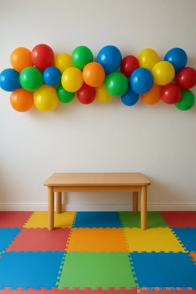Multicolour balloon decoration in bright red, yellow, blue and green for a kids party