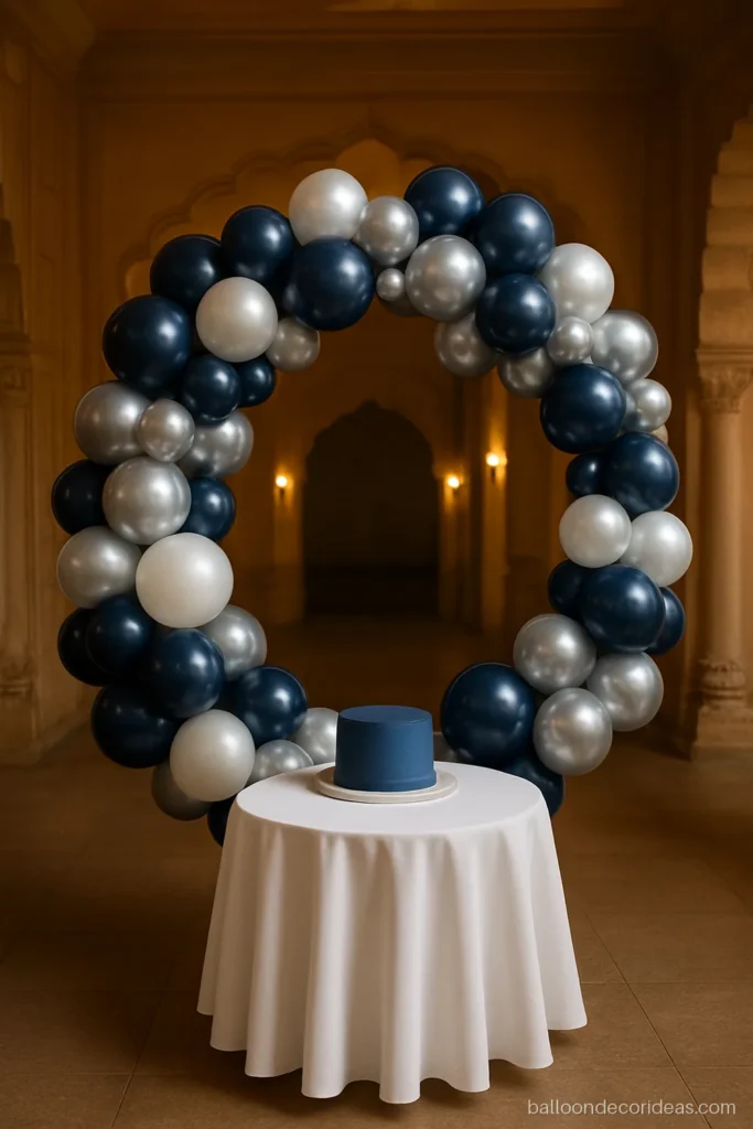 Navy and white balloon combination for decoration on a ring with silver accents