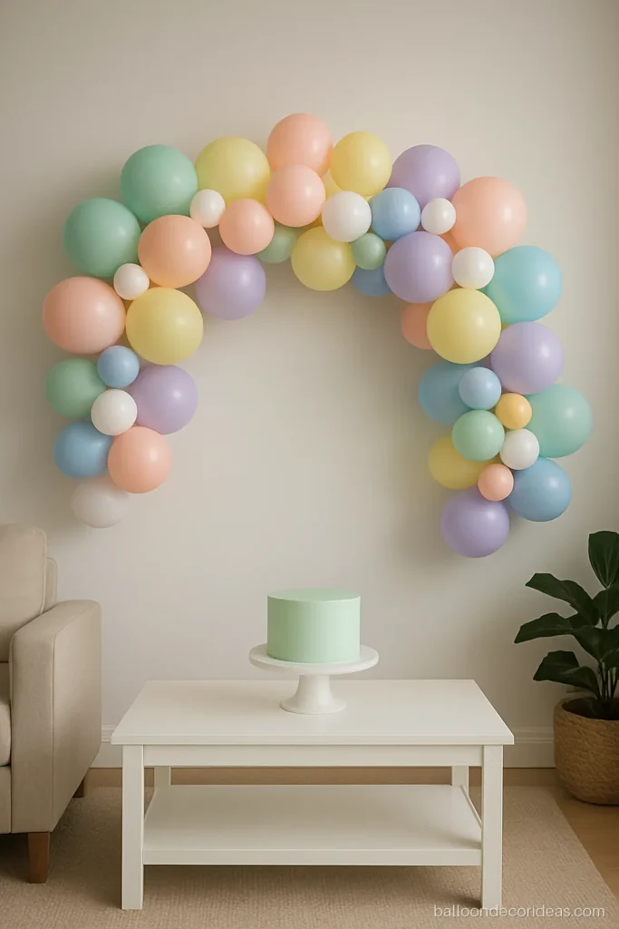 Pastel balloon decoration garland in mint, peach, lemon, lilac and baby blue
