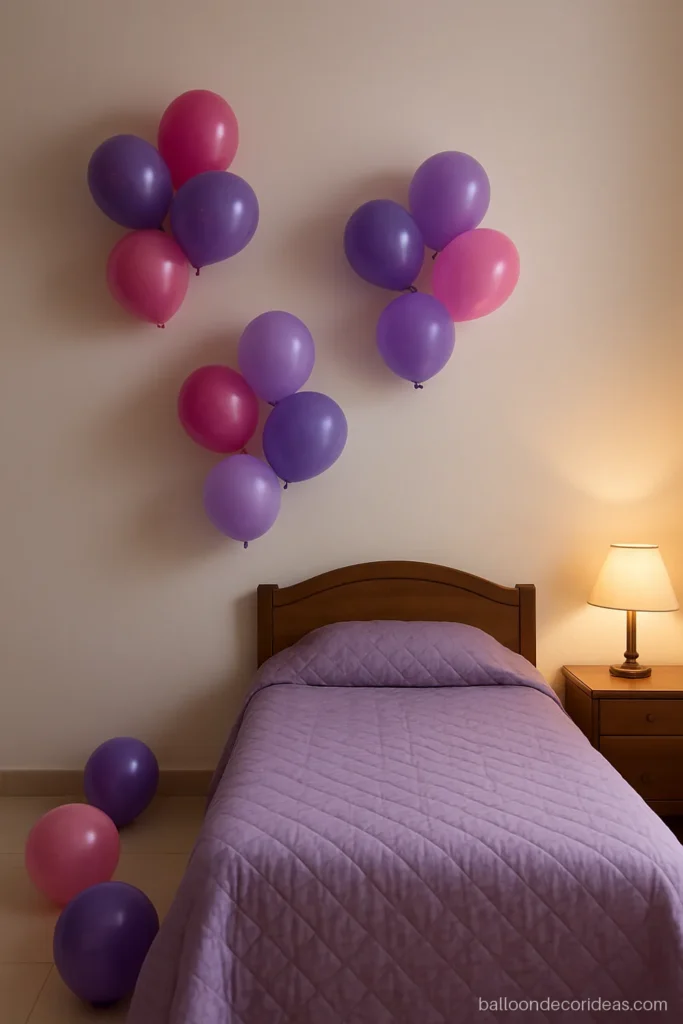 Pink and purple balloon decoration clusters with lilac on a bedroom wall