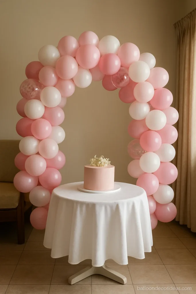 Pink and white balloon decoration for birthday with a garland above the cake table
