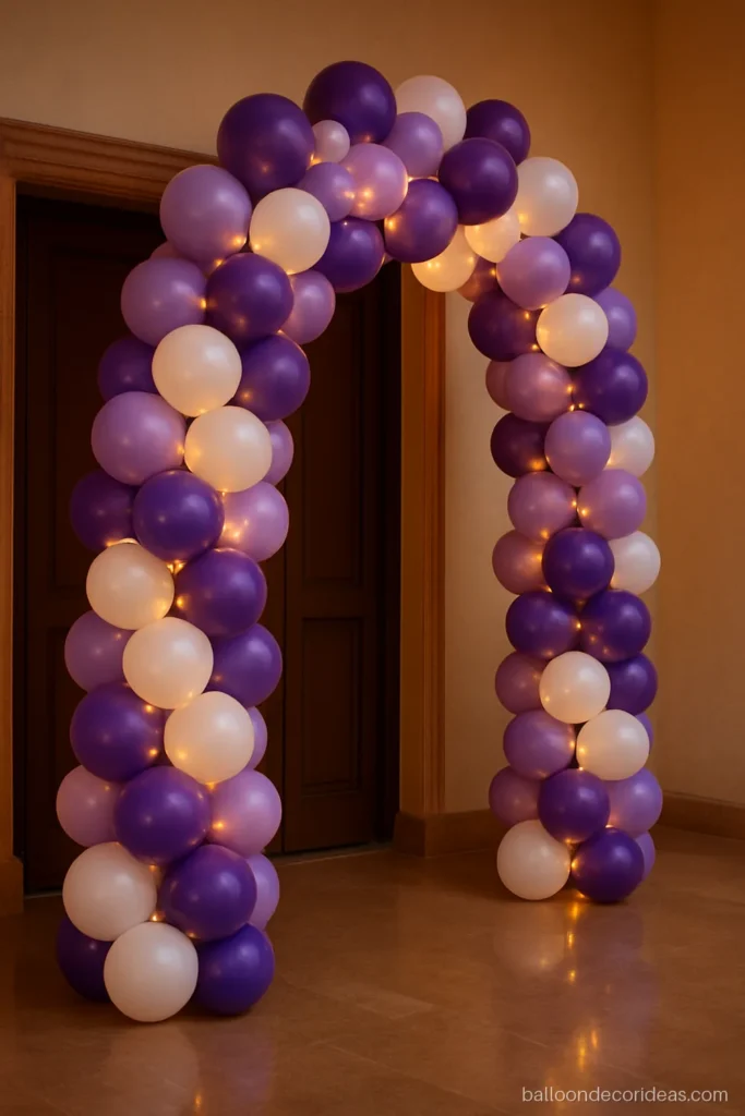 Purple and white balloon decoration half arch with lavender filler at a hall entry