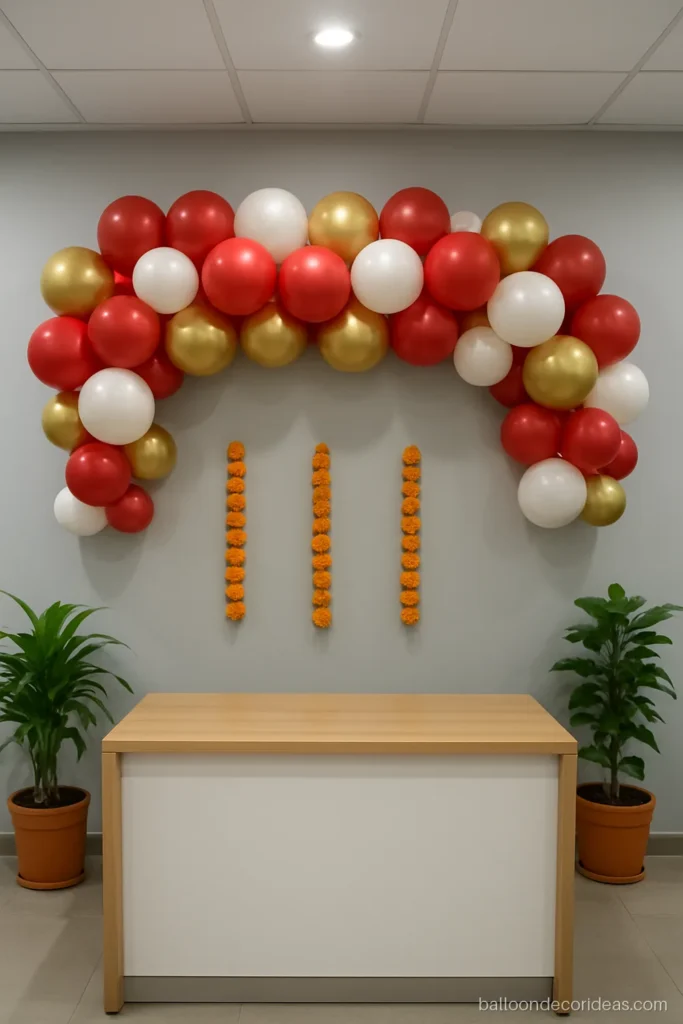 Red balloon decoration garland with gold and white for a festive office party