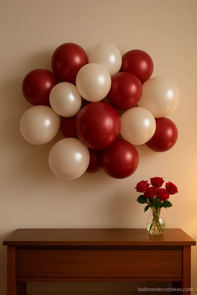 Simple red and white balloon decoration cluster on a white living room wall