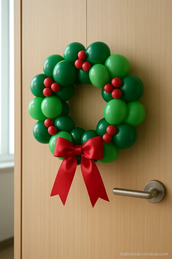 Balloon decoration for christmas shaped like a round wreath on an office cabin door