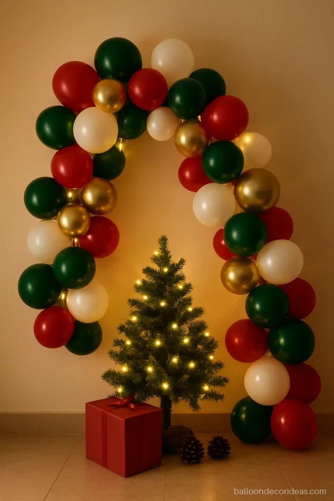 Christmas balloon decoration with a red, green and white garland near a small tree