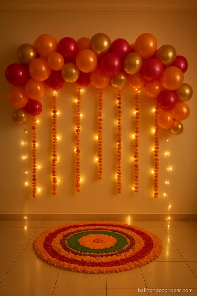 Diwali balloon decoration with an orange, pink and gold garland and marigold strings