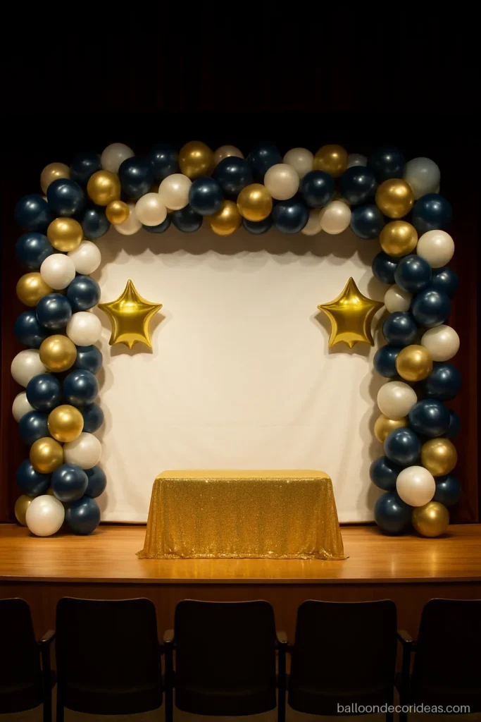 College farewell balloon decoration with a navy blue and gold stage backdrop
