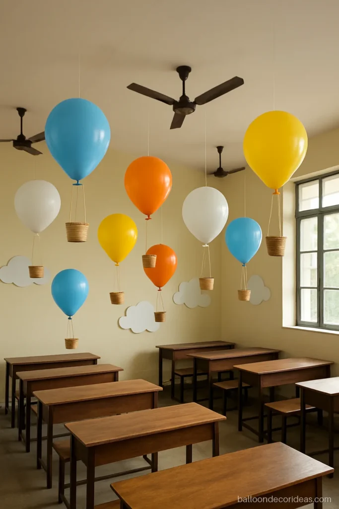 Hot air balloon classroom decoration with big balloons and paper baskets hanging from the ceiling