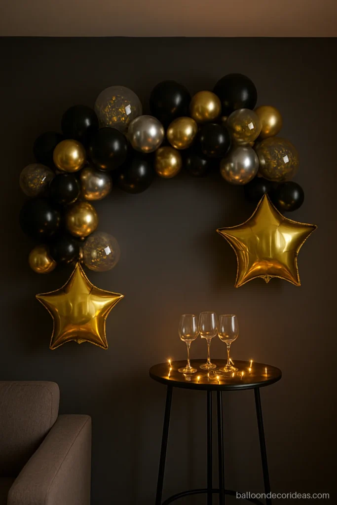 Happy new year balloon decoration with black, gold and silver chrome balloons on a wall