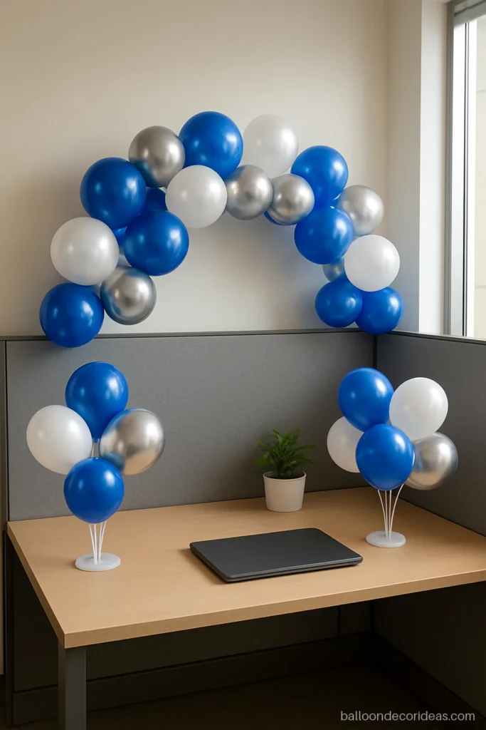 Office balloon decoration ideas with a blue and white cubicle desk setup