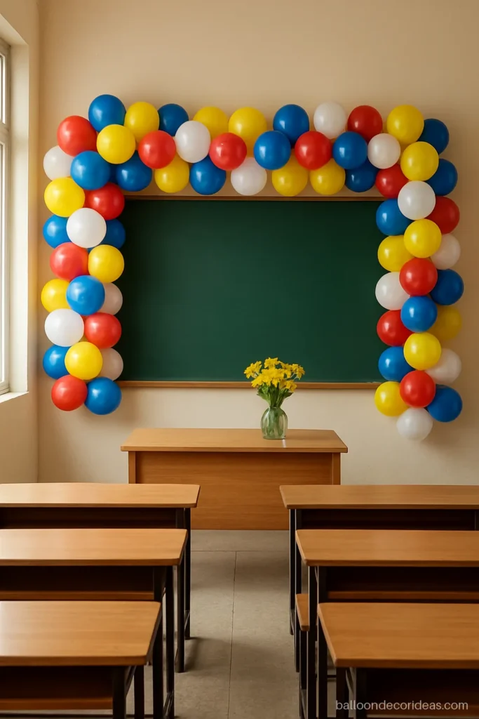 Teachers day balloon decoration with a red, yellow and blue garland around a classroom blackboard