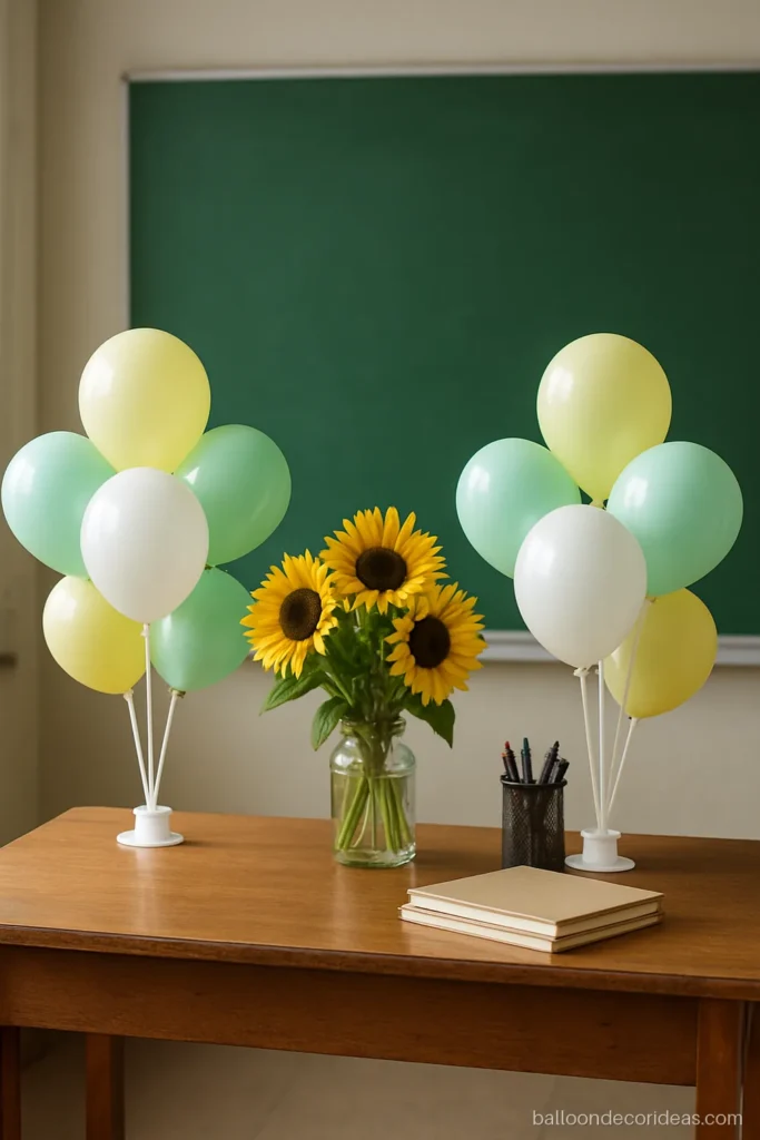 Simple balloon decoration for teachers day with pastel clusters on a teacher's desk