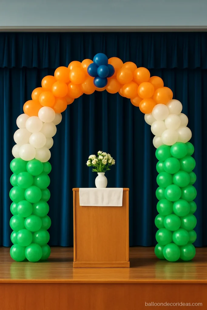 Tiranga balloon decoration arch on a school stage for independence day