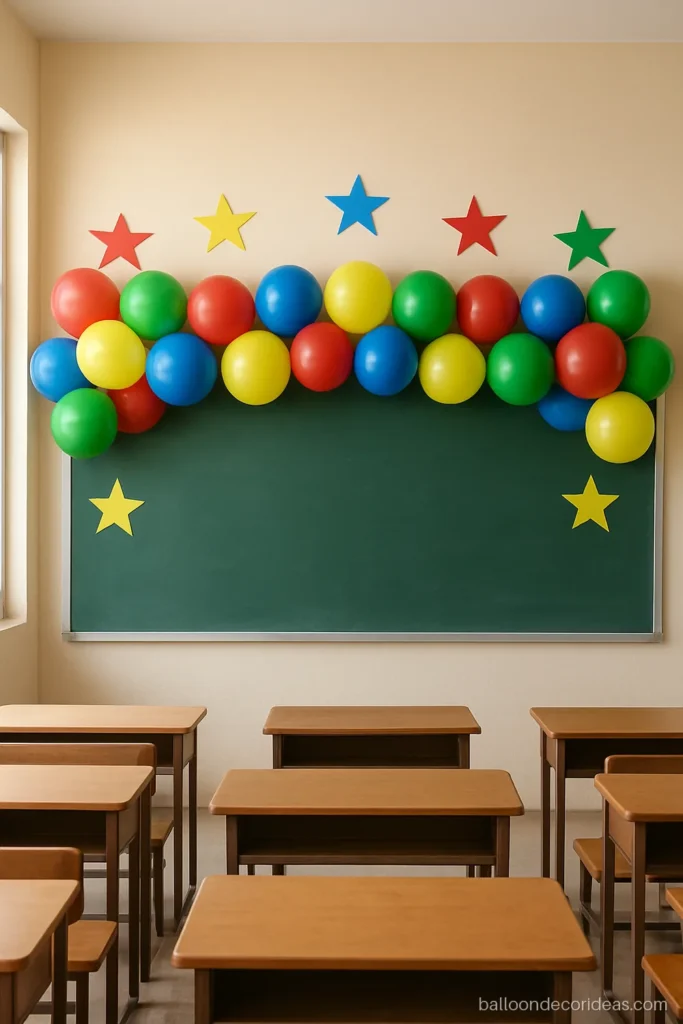 Balloon decoration for children's day on a classroom wall in primary colours