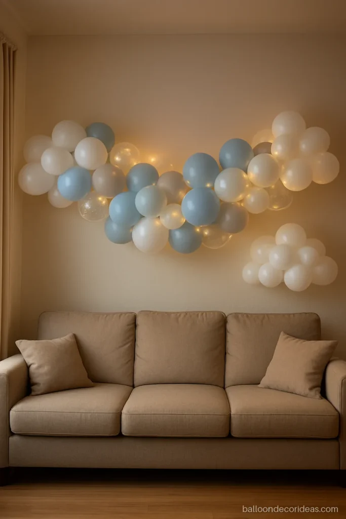 First birthday balloon decoration with a white and sky blue cloud garland above a sofa
