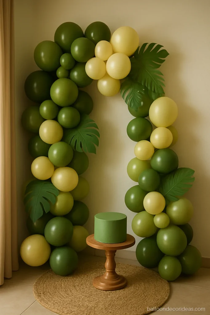 Boy birthday balloon decoration in a jungle theme with green balloons and paper leaves