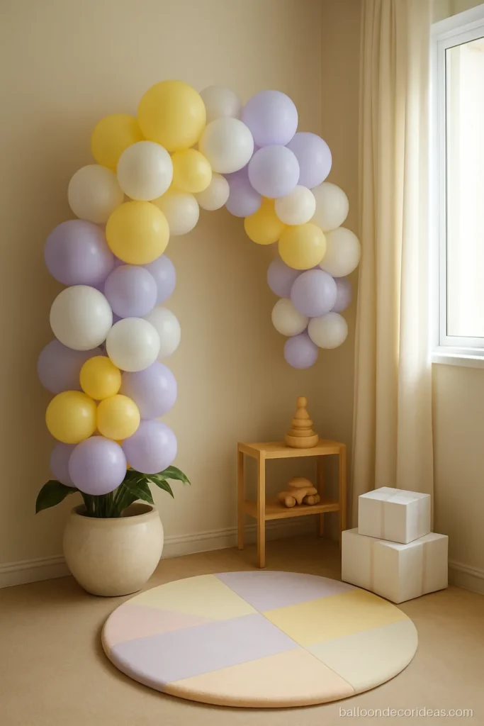 Half arch balloon decoration for a one year birthday over a soft play mat