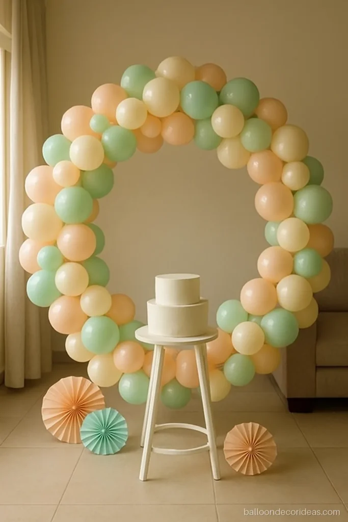 1st birthday balloon decoration with a pastel ring backdrop behind a plain cake table